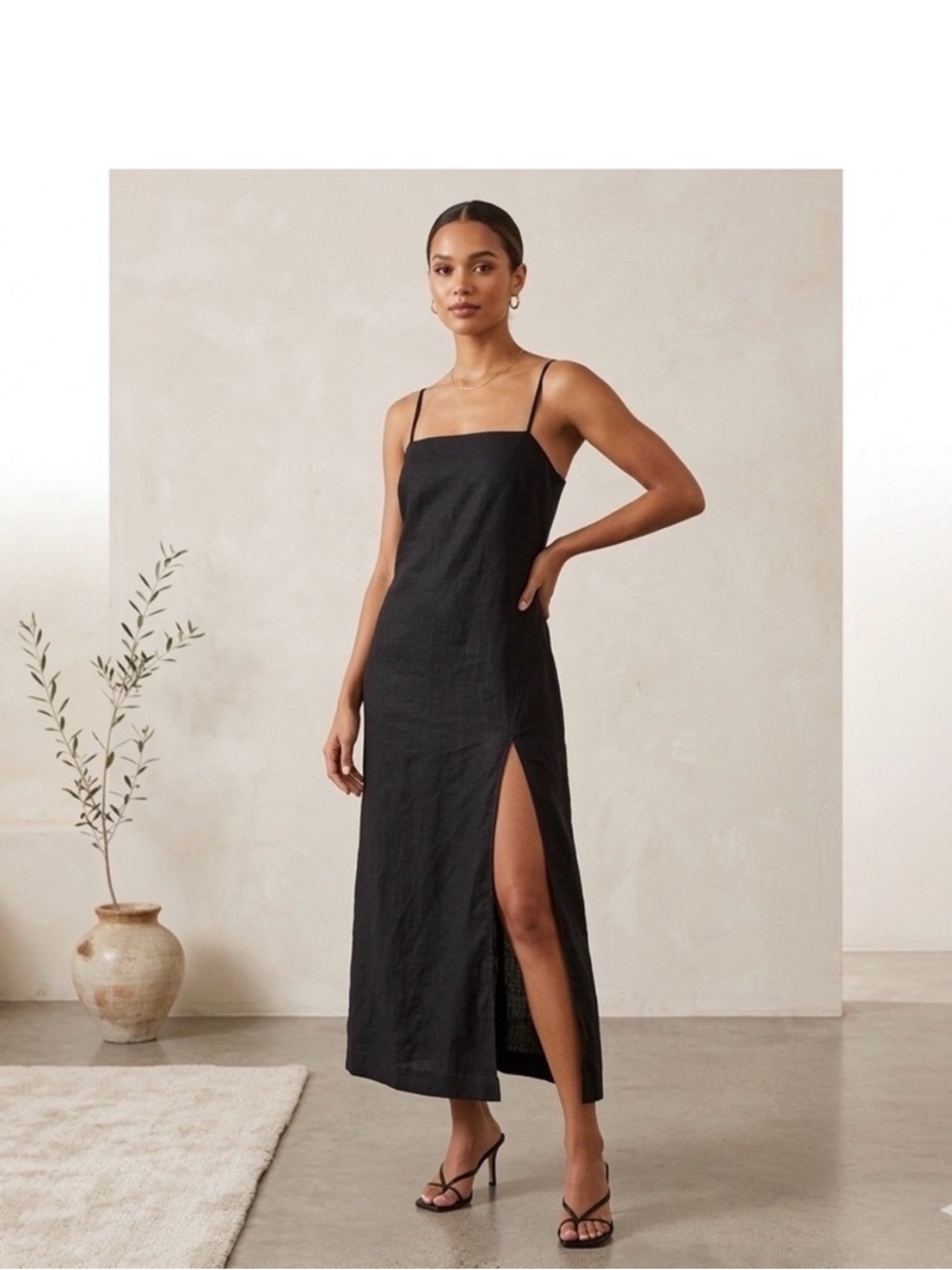 POSSE Black Linen Theo Midi Dress Square Neck Adjustable Straps Slit Size Large - Picture 2 of 5